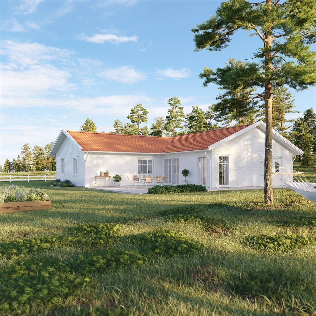 Vitt Villa Sandö exteriör i klassisk stil med rött tak på landet